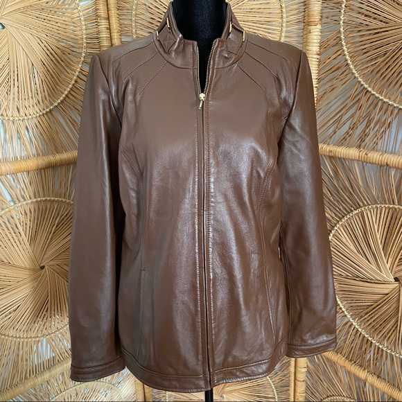 Bradley Bayou Brown Leather Jacket Sz M Zip Front, pleat/stitching detail - Picture 5 of 14